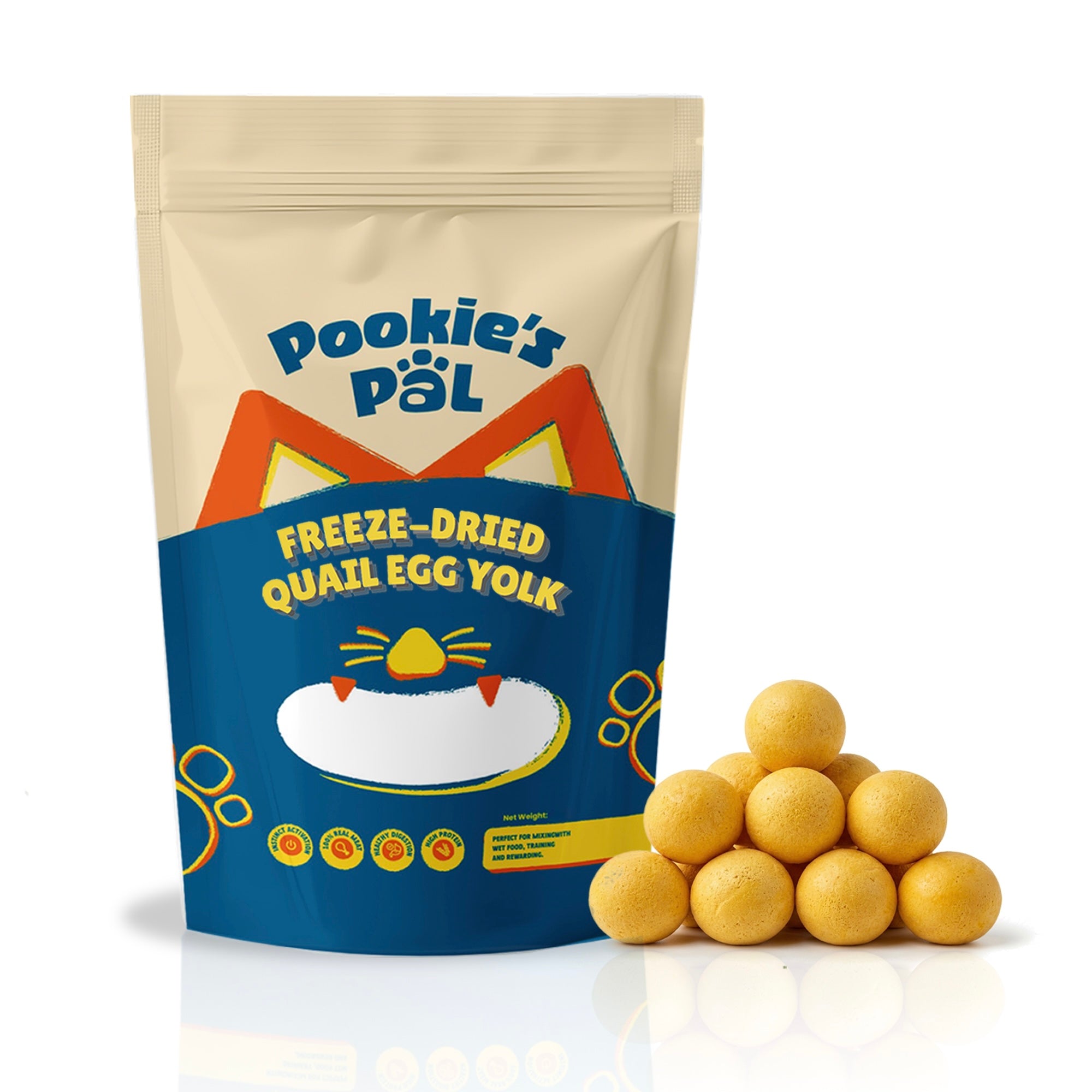 A stand-up pouch of Pookie's Pal Freeze-Dried Quail Egg Yolk treats next to a small pile of round yellow-orange treats on a white background.