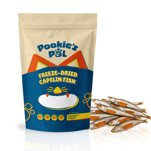 A stand-up pouch of Pookie's Pal Freeze-Dried Capelin Fish for pets, shown next to several small freeze-dried fish on a white background.