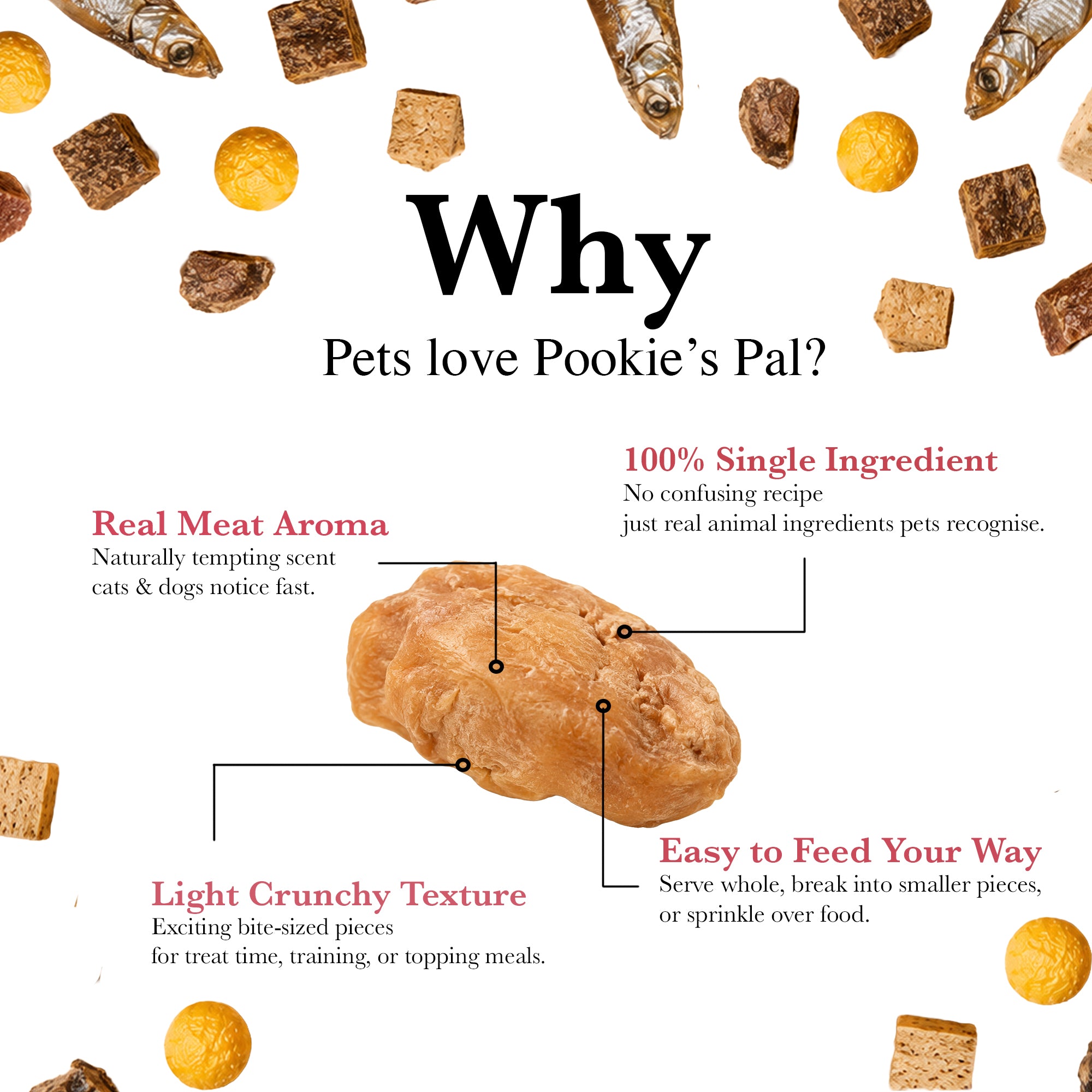Promotional graphic for Pookie's Pal dog & cat treats, featuring a golden-brown baked treat cookie in the center with callout lines and text highlighting 'Real Meat Aroma', '100% Single Ingredient', 'Light Crunchy Texture', and 'Easy to Feed Your Way'. The background is white with scattered fish and treat pieces around the edges.