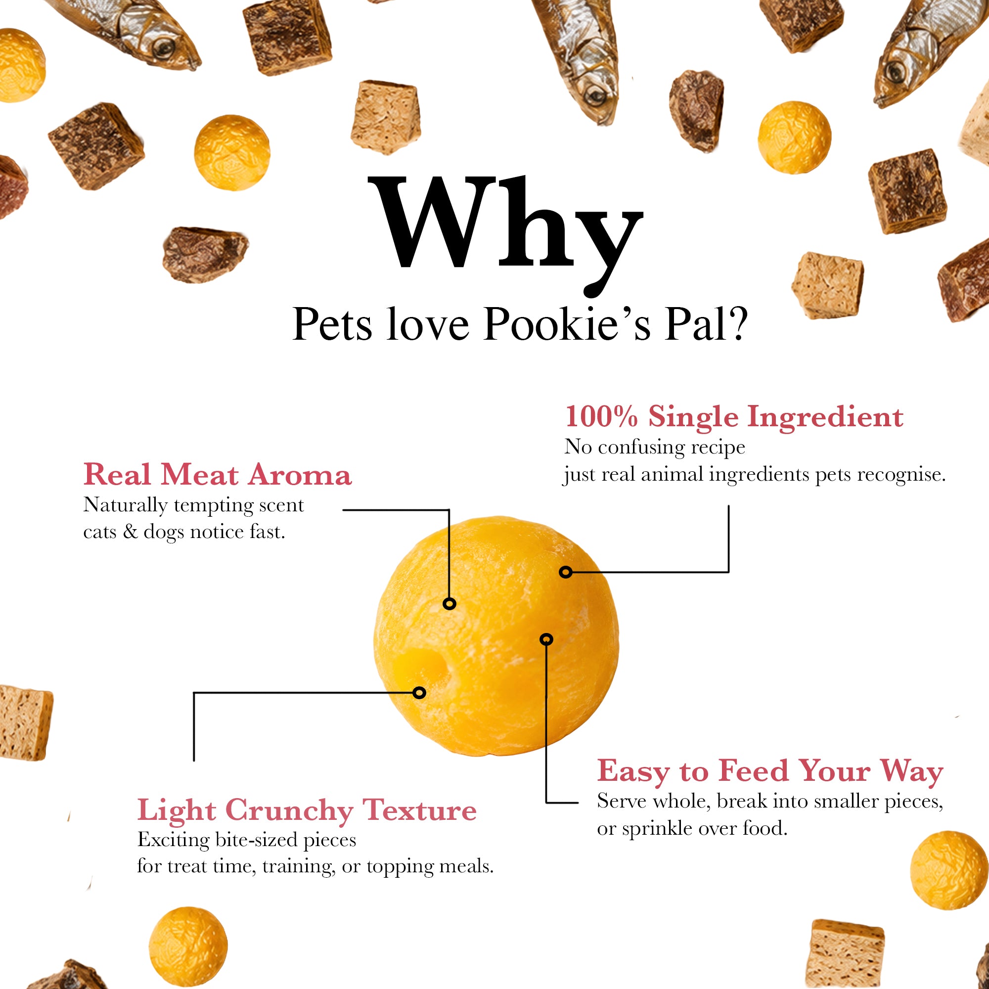 Promotional graphic for Pookie's Pal cat & dog treats, featuring a central yellow-orange round treat with callout lines and text highlighting 'Real Meat Aroma', '100% Single Ingredient', 'Light Crunchy Texture', and 'Easy to Feed Your Way'. The background is white with scattered fish and rectangular treats around the edges.